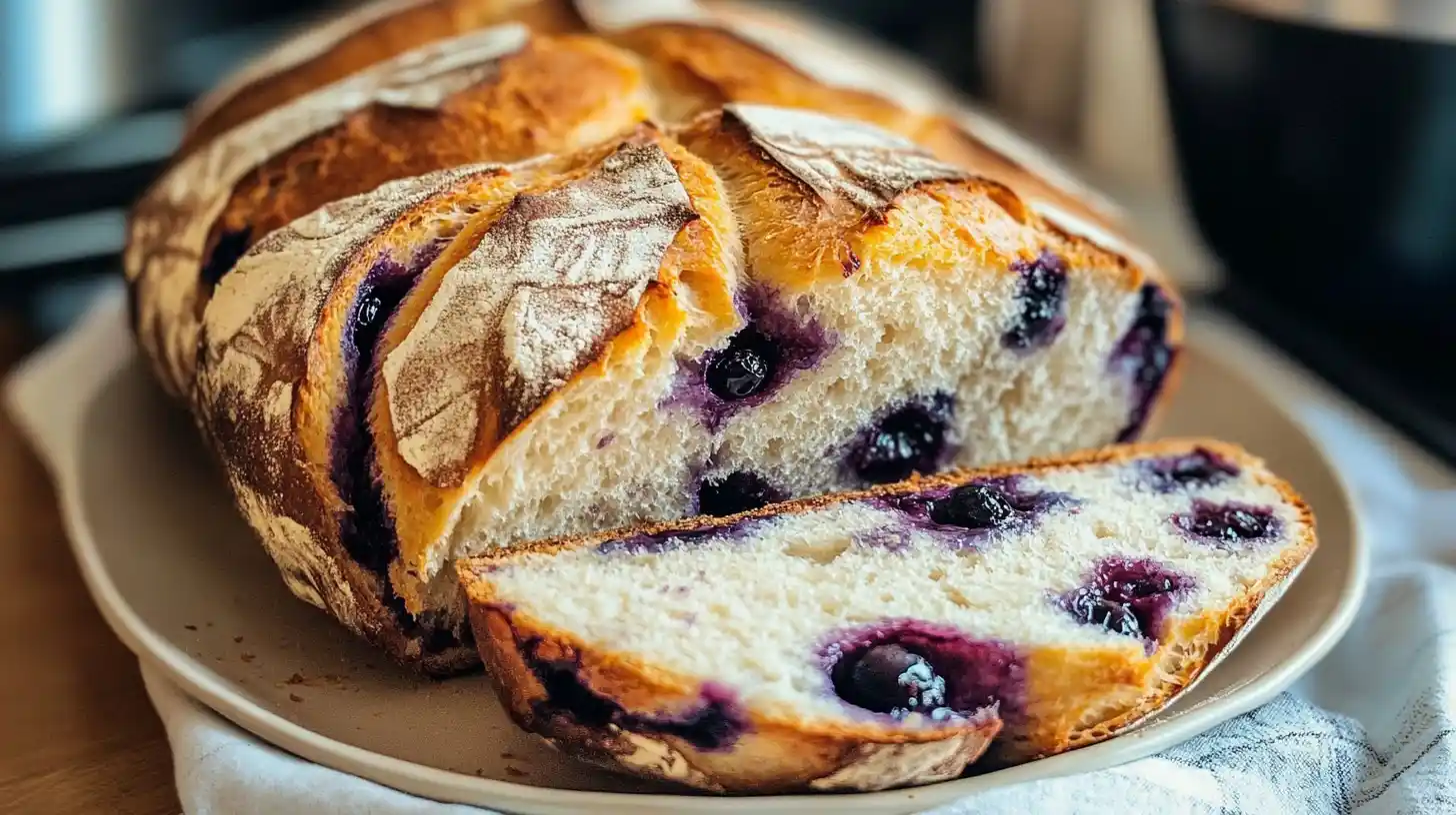 Freshly baked artisan sourdough bread with blueberries