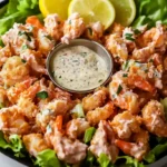 A plate of crispy Boom Boom Shrimp on a bed of lettuce, garnished with lemon slices and served with creamy dipping sauce.