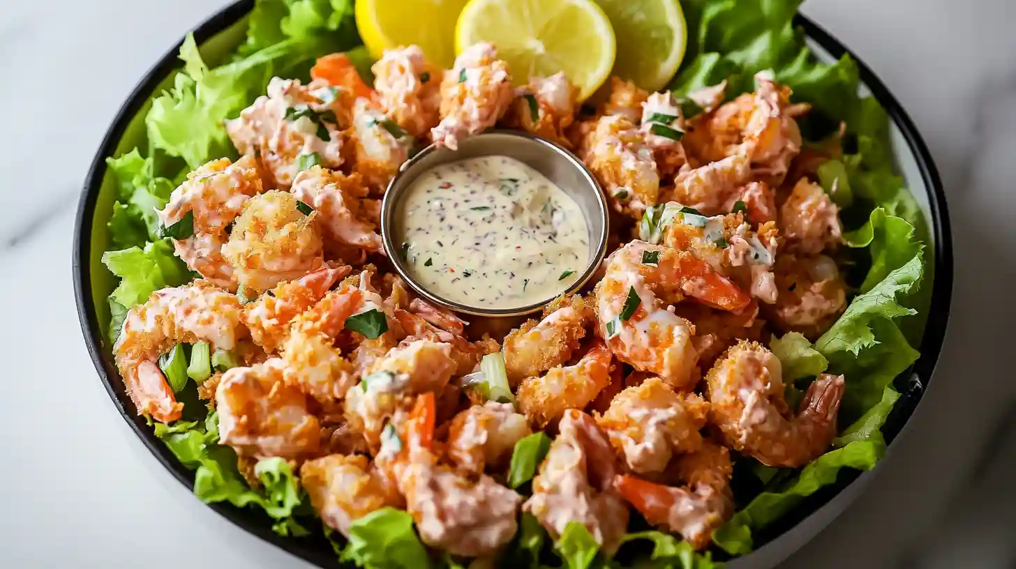 A plate of crispy Boom Boom Shrimp on a bed of lettuce, garnished with lemon slices and served with creamy dipping sauce.
