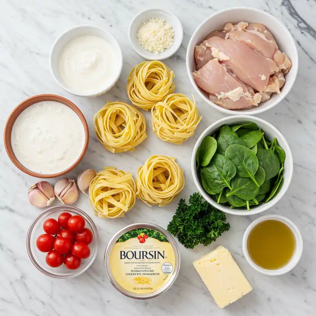 Ingredients for Boursin Chicken Pasta on a Marble Surface
