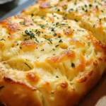Golden cheese bread loaf topped with herbs on a wooden board.