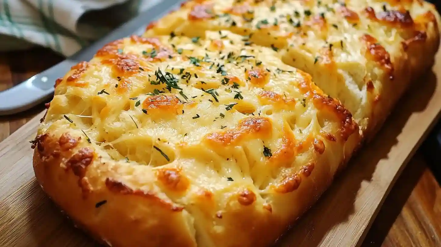 Golden cheese bread loaf topped with herbs on a wooden board.