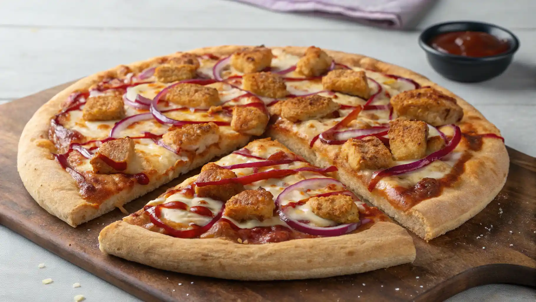 Chicken Nugget Pizza with Red Onion and BBQ Drizzle