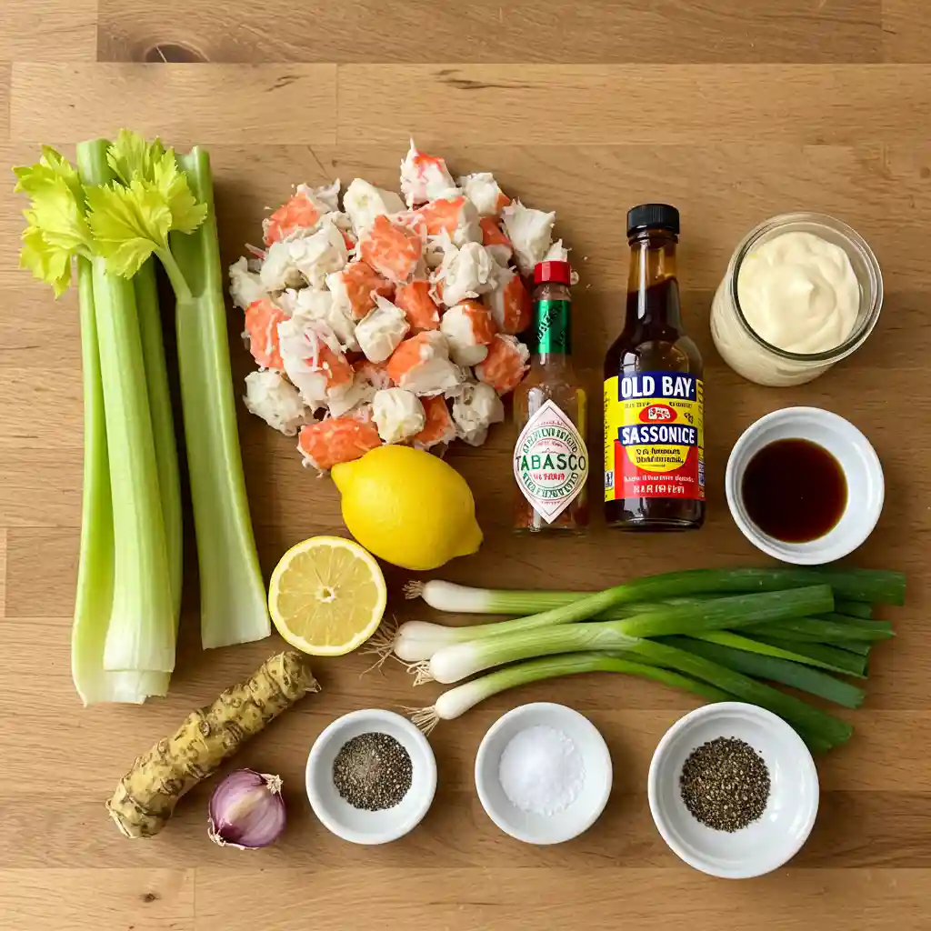 Ingredients for a crab salad recipe including crab meat, celery, lemon, mayo, spices, and sauces on a wooden surface.