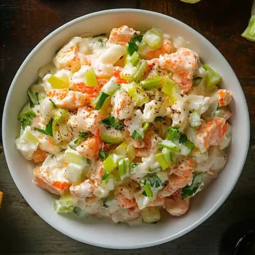 A creamy crab salad with celery and herbs served in a white bowl.