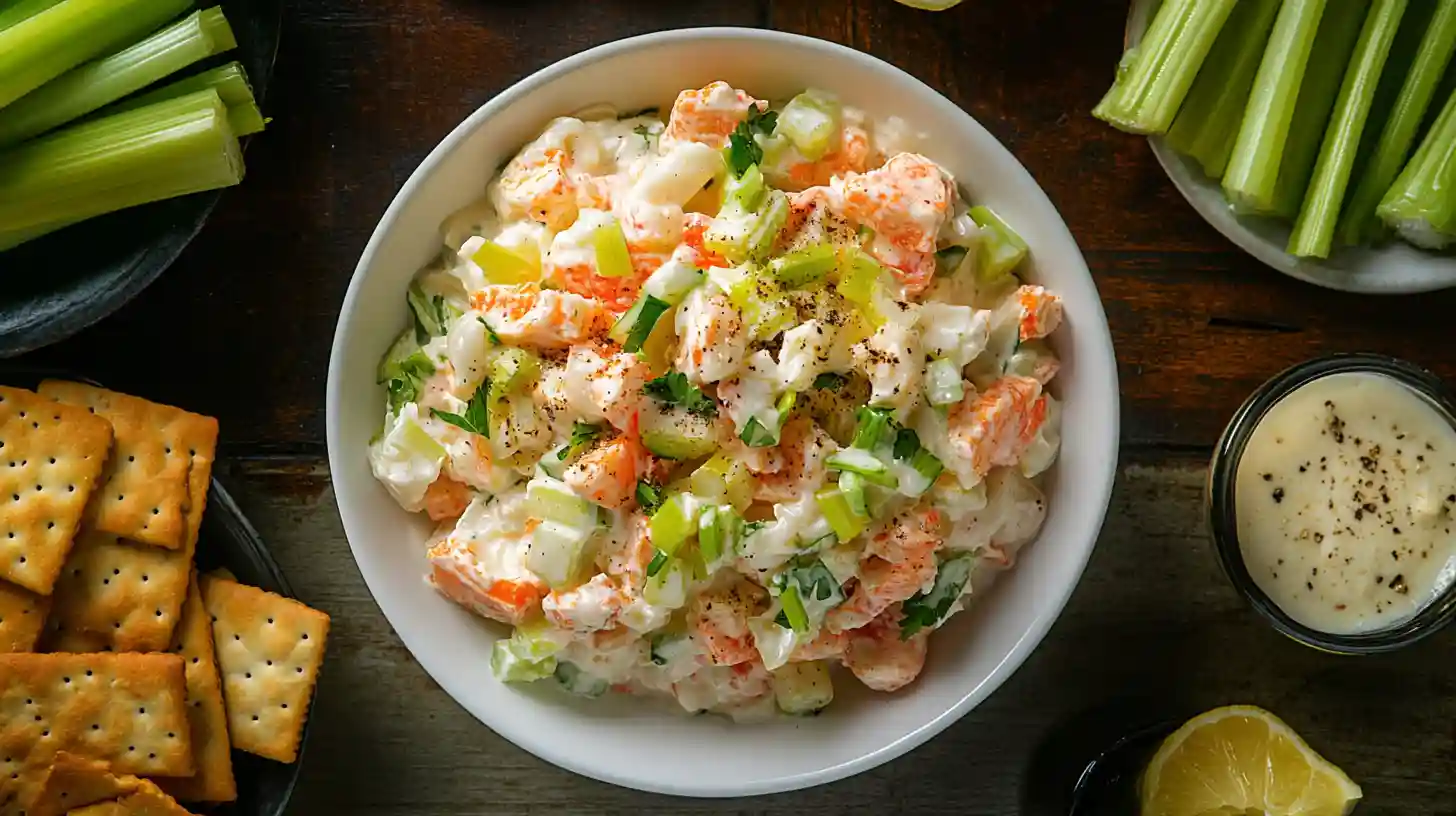 A creamy crab salad with celery and herbs served in a white bowl.