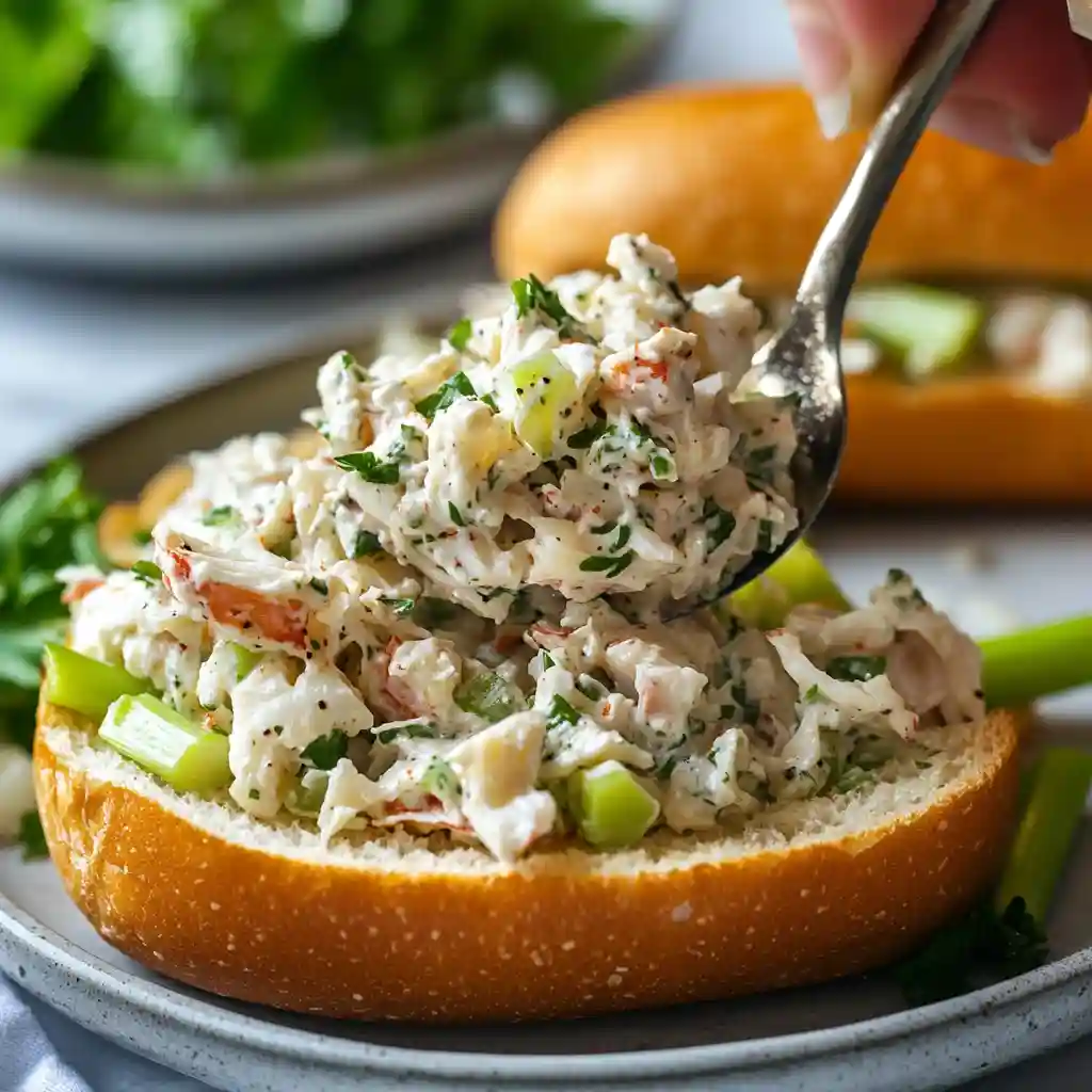 A heaping scoop of creamy crab salad being placed onto a sliced cheese bread roll.