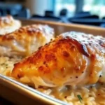 Golden baked chicken breasts over creamy rice in a savory Forgotten Chicken recipe.