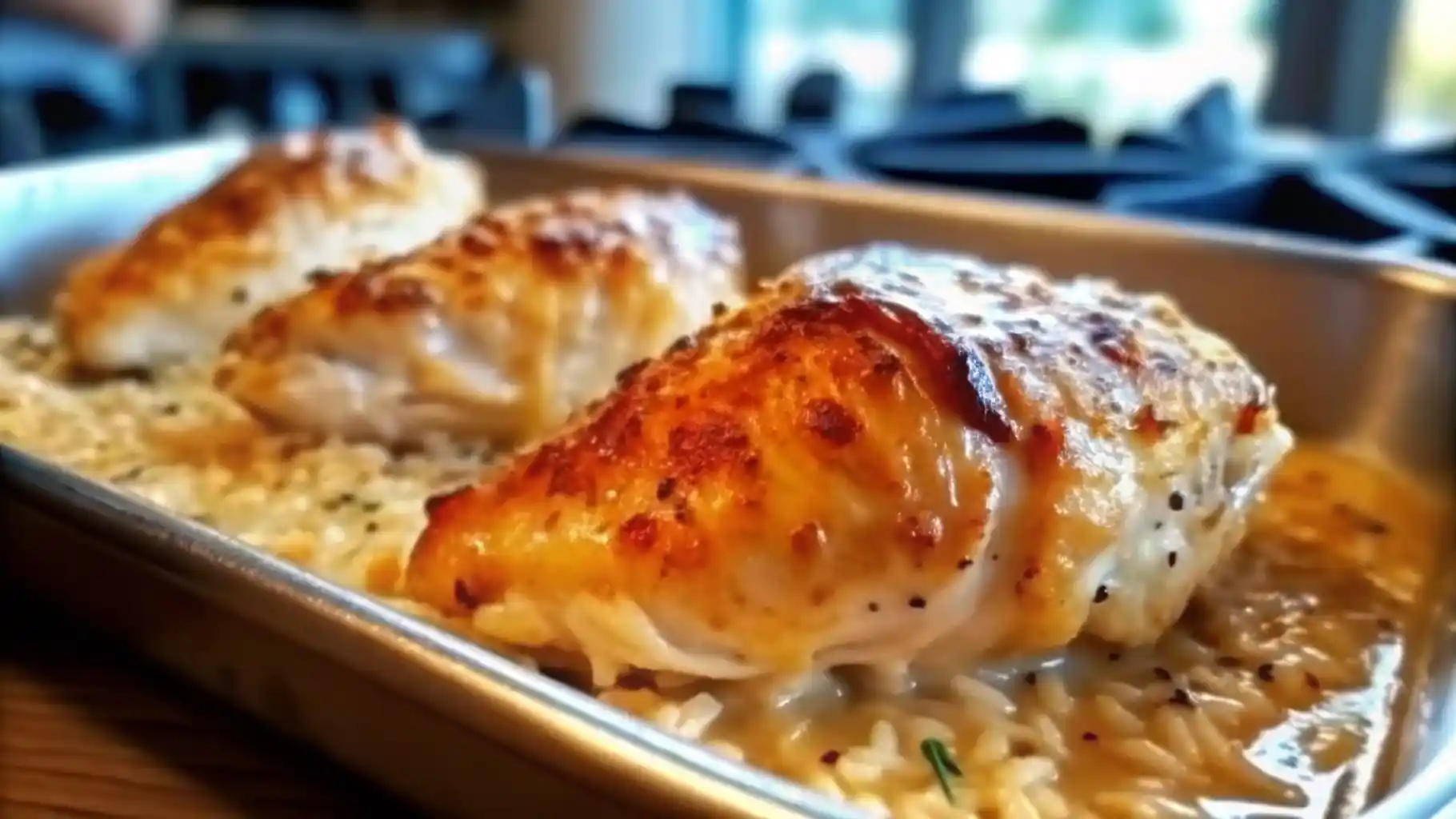 Golden baked chicken breasts over creamy rice in a savory Forgotten Chicken recipe.