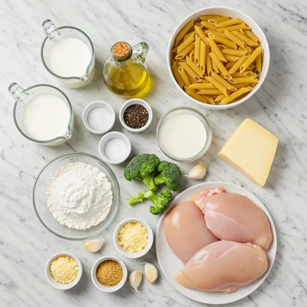 Ingredients for penne pasta with chicken and broccoli