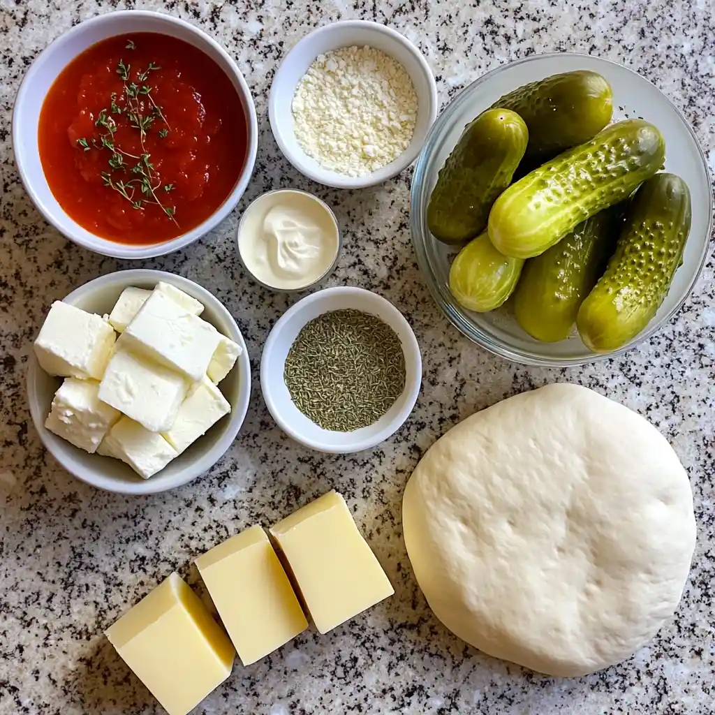 Raw ingredients for pickle pie pizza including dough, cheese, pickles, tomato sauce, herbs, and butter on a granite countertop.