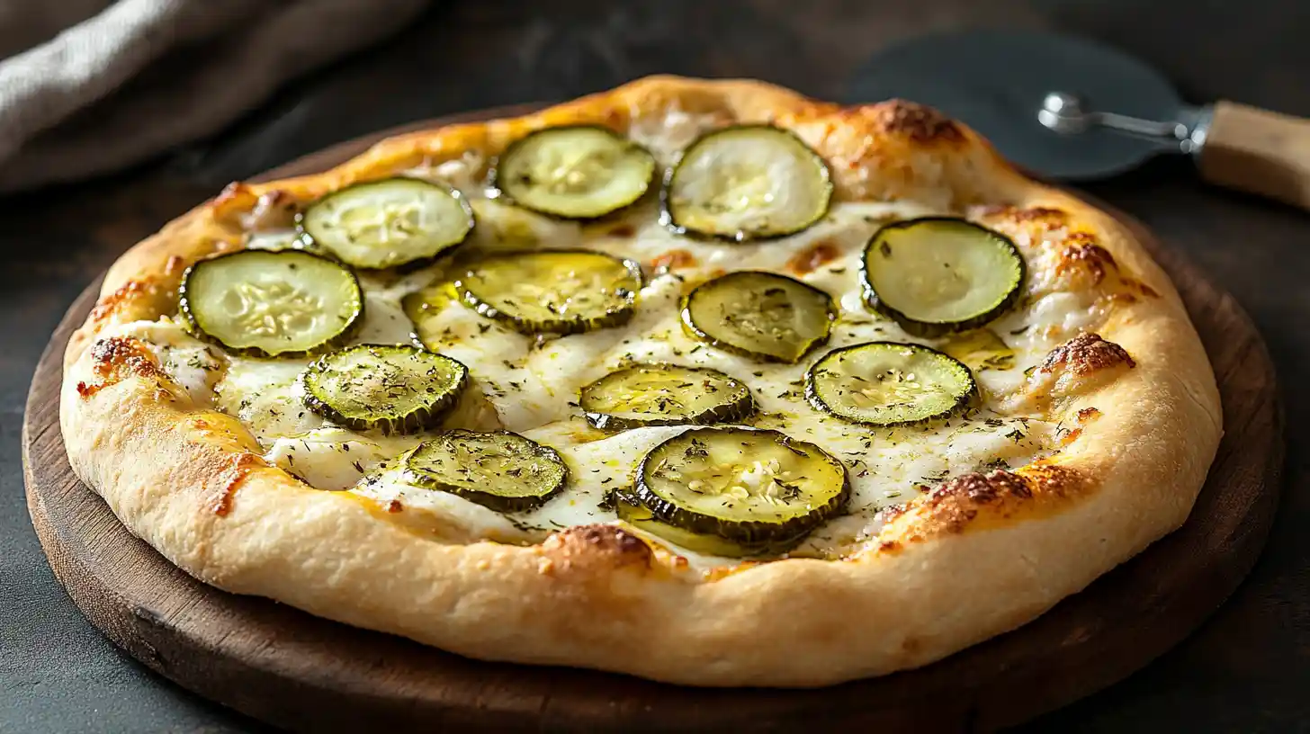 Side view of a freshly baked pickle pie pizza with melted cheese and sliced pickles on a wooden serving board.