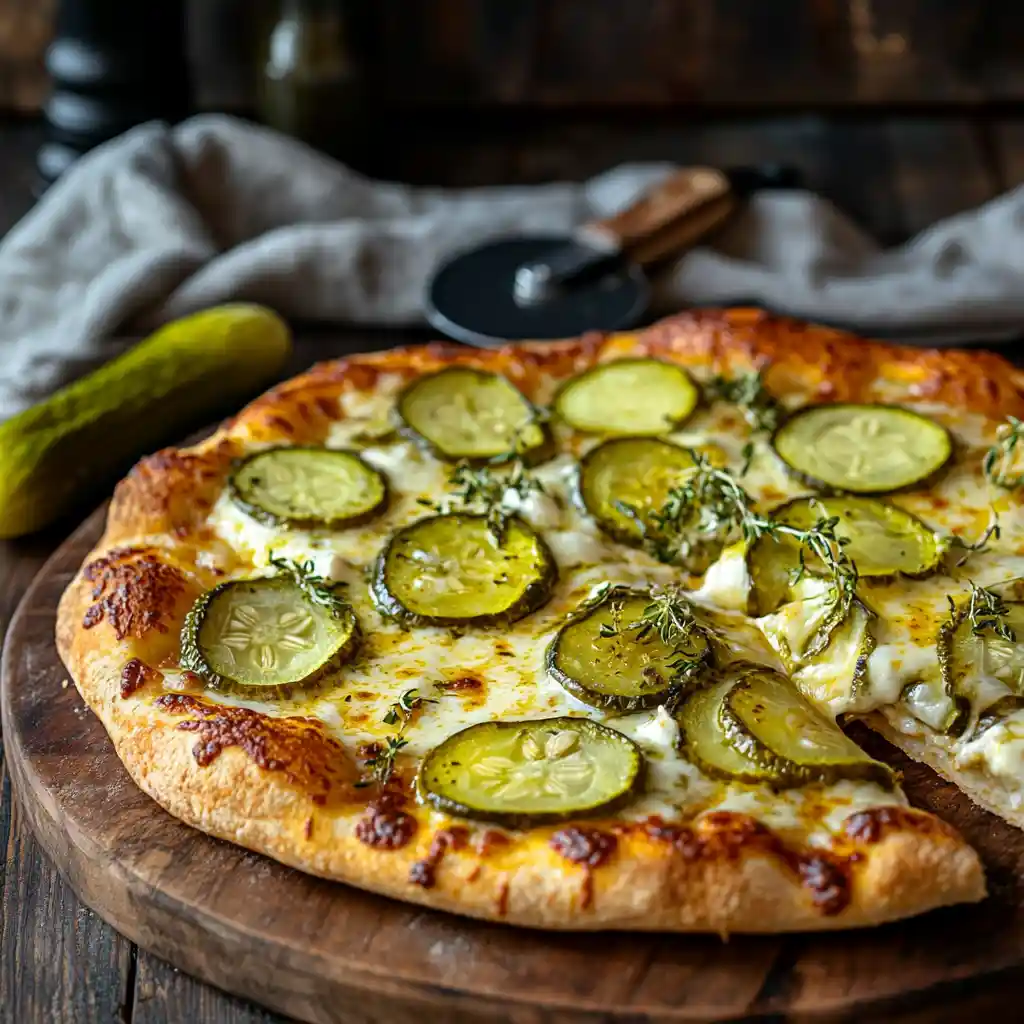 Sliced pickle pie pizza on a wooden board, topped with melted cheese, thick pickle slices, and fresh herbs.