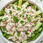 Overhead view of a creamy chicken salad with celery, red onion, and herbs in a white bowl, surrounded by fresh ingredients on a marble surface.