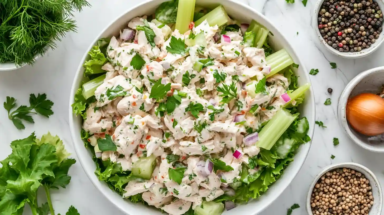 Overhead view of a creamy chicken salad with celery, red onion, and herbs in a white bowl, surrounded by fresh ingredients on a marble surface.