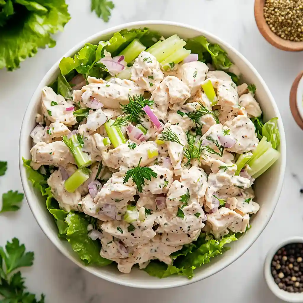 Chicken salad with creamy dressing, celery, red onion, and fresh herbs served in a white bowl on a marble background.