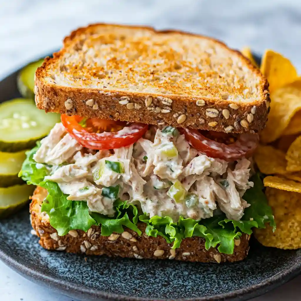 Close-up of a chicken salad sandwich with lettuce and tomato on multigrain bread, served with pickles and chips on a dark plate.