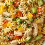 Creamy pasta salad with rotini, shredded chicken, cucumbers, cherry tomatoes, and yellow bell peppers in a white bowl.