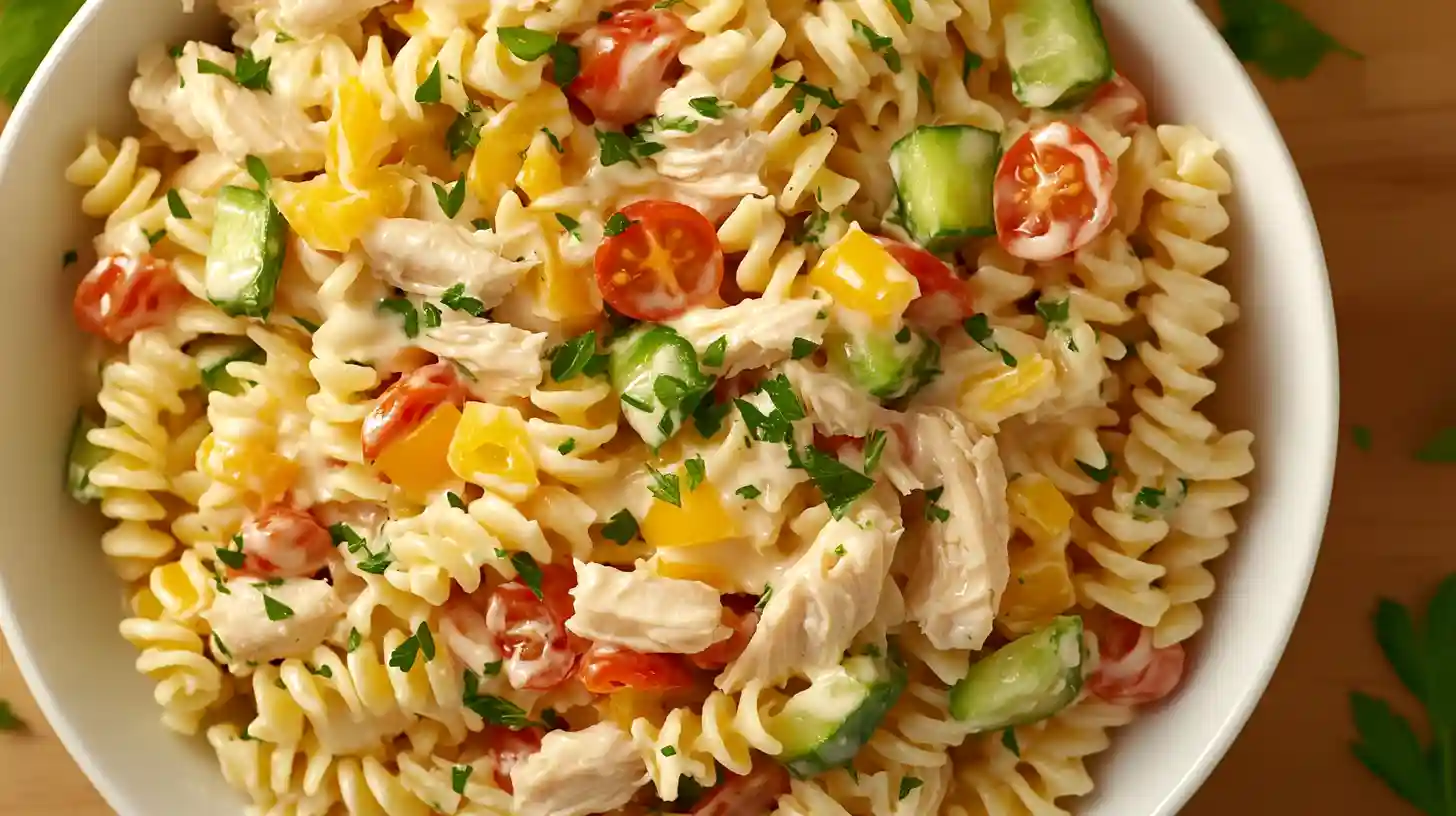 Creamy pasta salad with rotini, shredded chicken, cucumbers, cherry tomatoes, and yellow bell peppers in a white bowl.