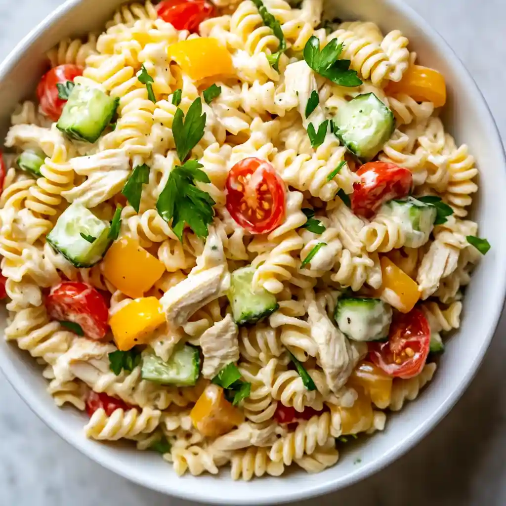 Close-up of creamy pasta salad with rotini, cherry tomatoes, cucumbers, yellow bell peppers, shredded chicken, and fresh parsley.