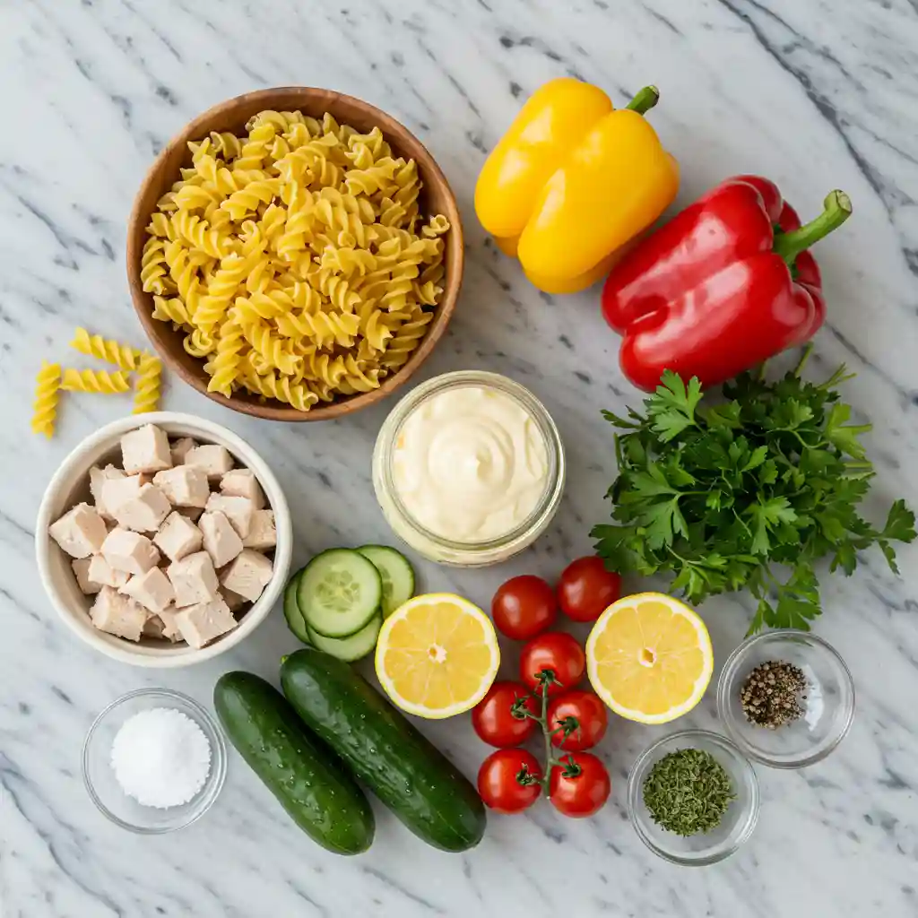 Flat lay of fresh ingredients for pasta salad including rotini, cooked chicken, cucumbers, bell peppers, tomatoes, lemon, mayo, and herbs.