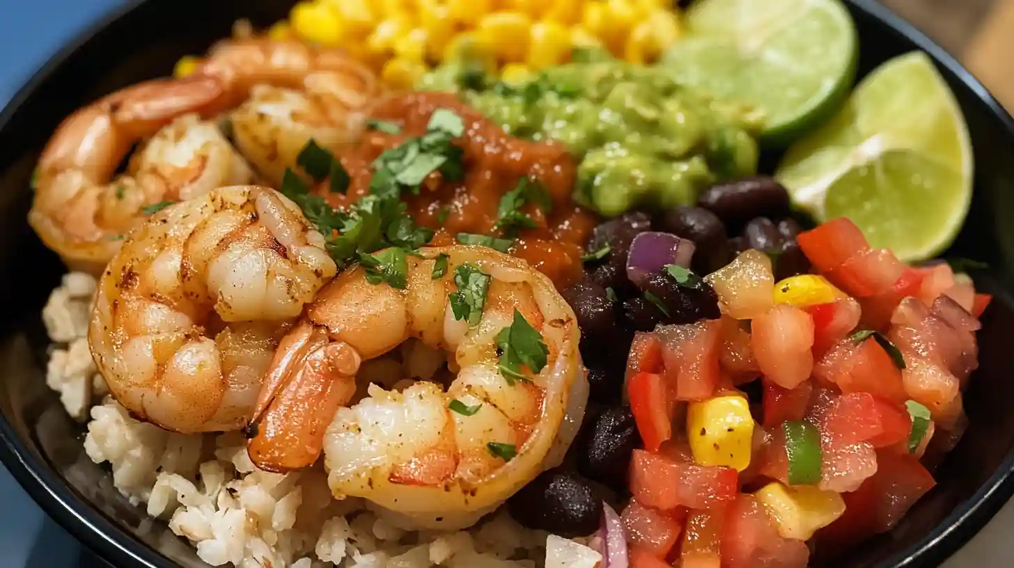 Grilled shrimp burrito bowl with rice, black beans, corn, guacamole, salsa, and pico de gallo.