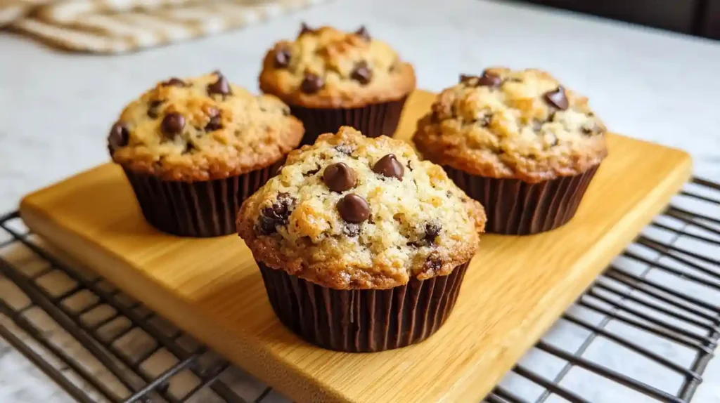 Freshly baked banana chocolate chip muffins on a wooden board cooling on a wire rack.