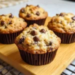 Freshly baked banana chocolate chip muffins on a wooden board cooling on a wire rack.