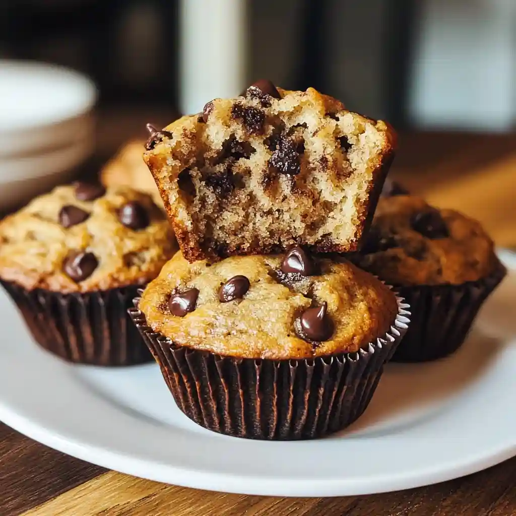 A stack of banana chocolate chip muffins on a plate, with one muffin split open showing the moist interior.