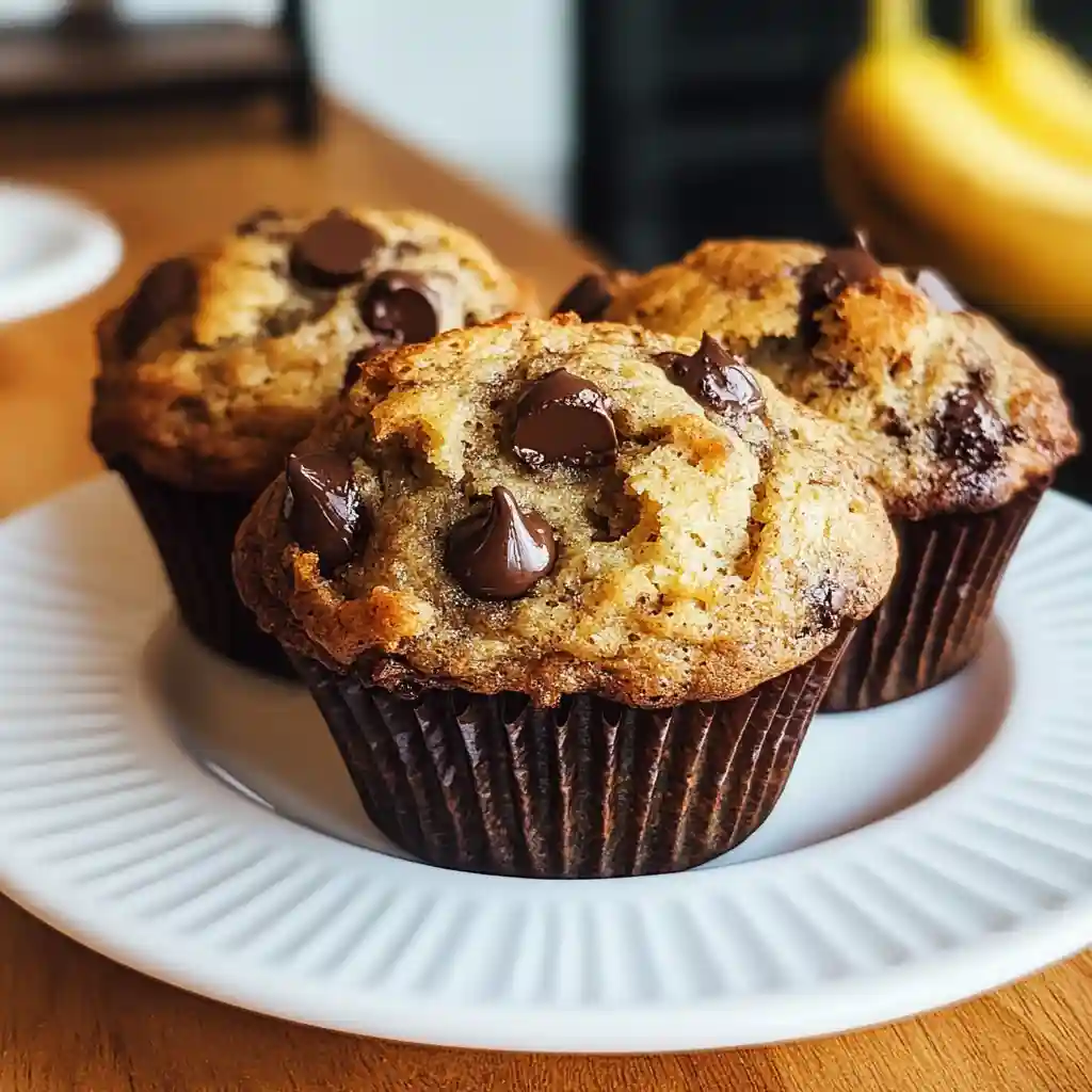 Three banana chocolate chip muffins on a white plate with ripe bananas in the background.