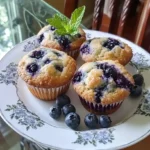 Freshly baked blueberry protein muffins on a floral plate, garnished with mint and fresh blueberries.