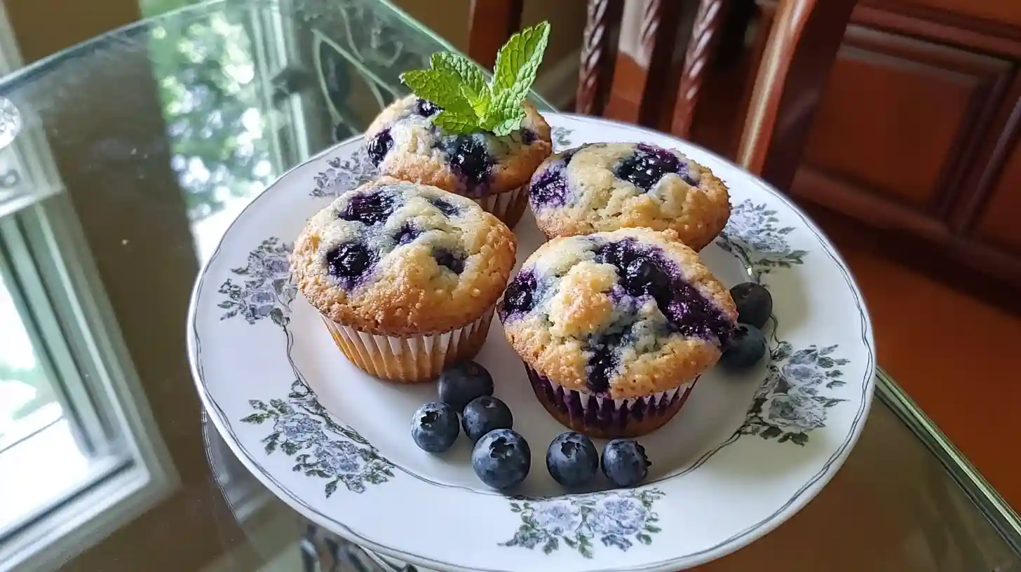 Freshly baked blueberry protein muffins on a floral plate, garnished with mint and fresh blueberries.