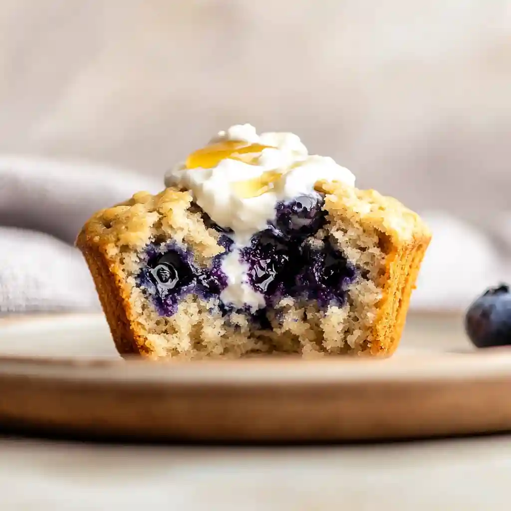 Close-up of a blueberry protein muffin with a bite taken out, topped with yogurt and honey.