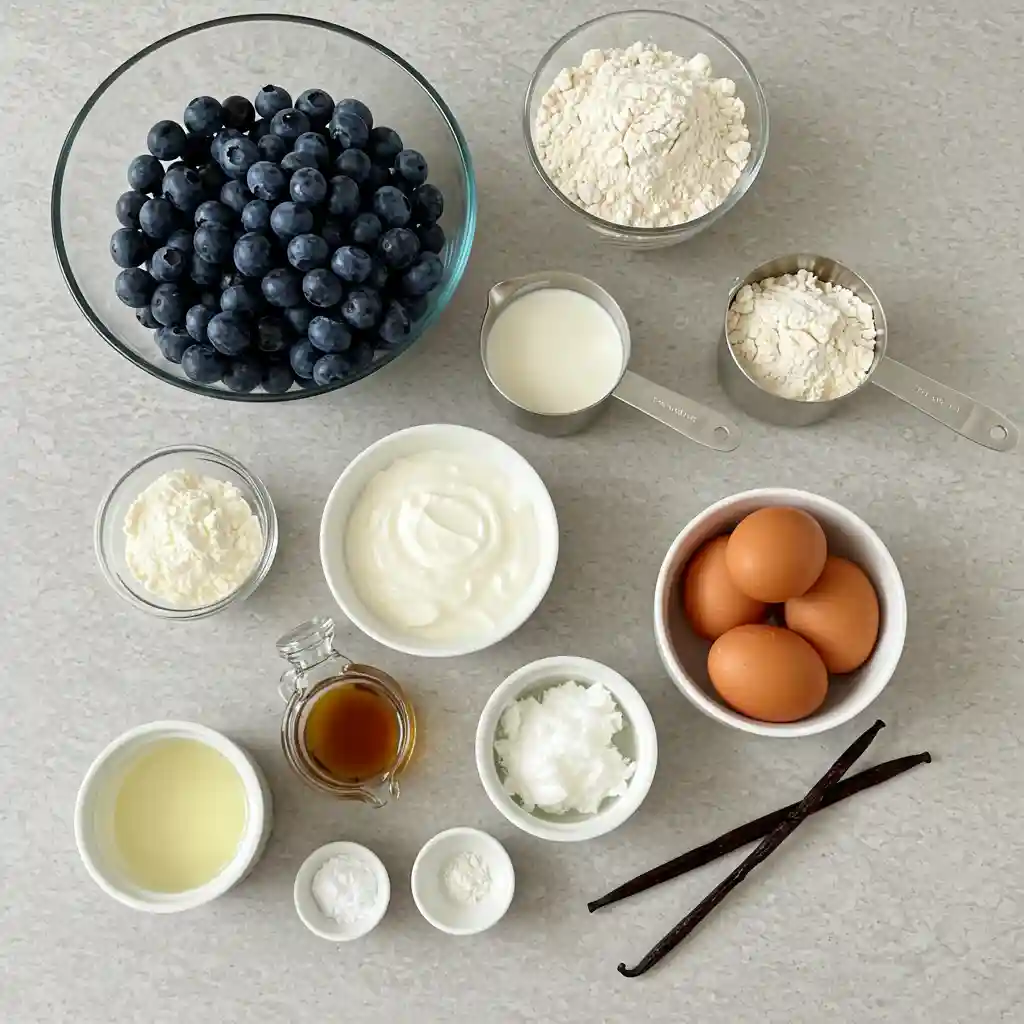Ingredients for blueberry protein muffins, including blueberries, flour, eggs, yogurt, milk, protein powder, oil, vanilla, and baking powder.