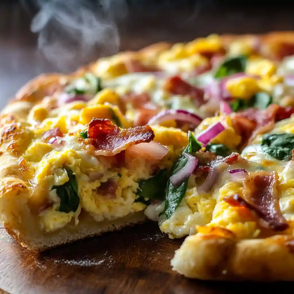 A close-up of a cheesy breakfast pizza slice topped with scrambled eggs, bacon, spinach, red onion, and tomato being lifted from the pan.