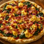 A freshly baked breakfast pizza topped with scrambled eggs, crispy bacon, spinach, red onions, and melted cheese on a wooden board.