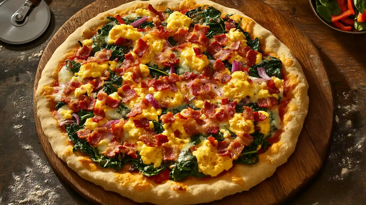 A freshly baked breakfast pizza topped with scrambled eggs, crispy bacon, spinach, red onions, and melted cheese on a wooden board.