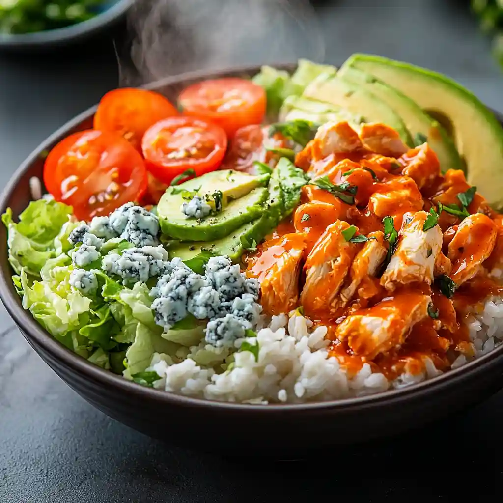 Side view of buffalo chicken bowl with rice, avocado, lettuce, tomatoes, and blue cheese
