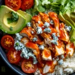 Buffalo chicken bowl with avocado, cherry tomatoes, blue cheese, and white rice