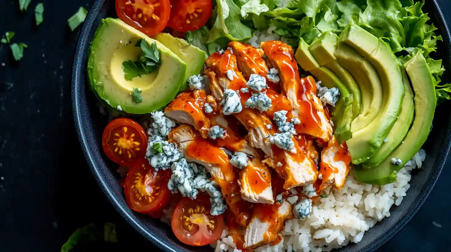 Buffalo chicken bowl with avocado, cherry tomatoes, blue cheese, and white rice