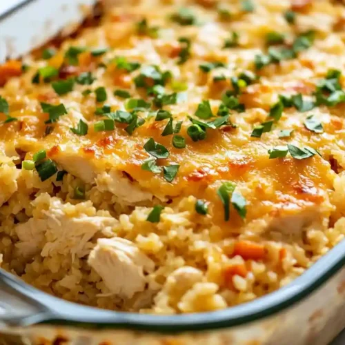 Chicken cauliflower rice casserole baked with cheese and topped with chopped green herbs in a glass dish.