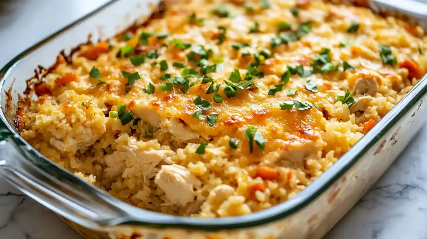 Chicken cauliflower rice casserole baked with cheese and topped with chopped green herbs in a glass dish.