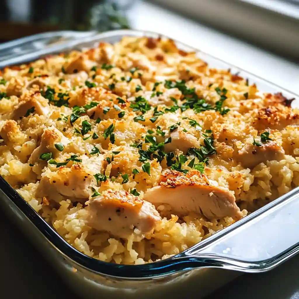 Baked chicken cauliflower rice casserole topped with herbs and a crispy golden crust in a glass baking dish.
