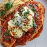 Top-down view of Chicken Parmesan topped with marinara, mozzarella, and fresh basil, served with spaghetti on a white plate.
