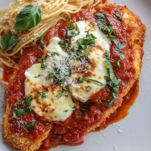 Top-down view of Chicken Parmesan topped with marinara, mozzarella, and fresh basil, served with spaghetti on a white plate.