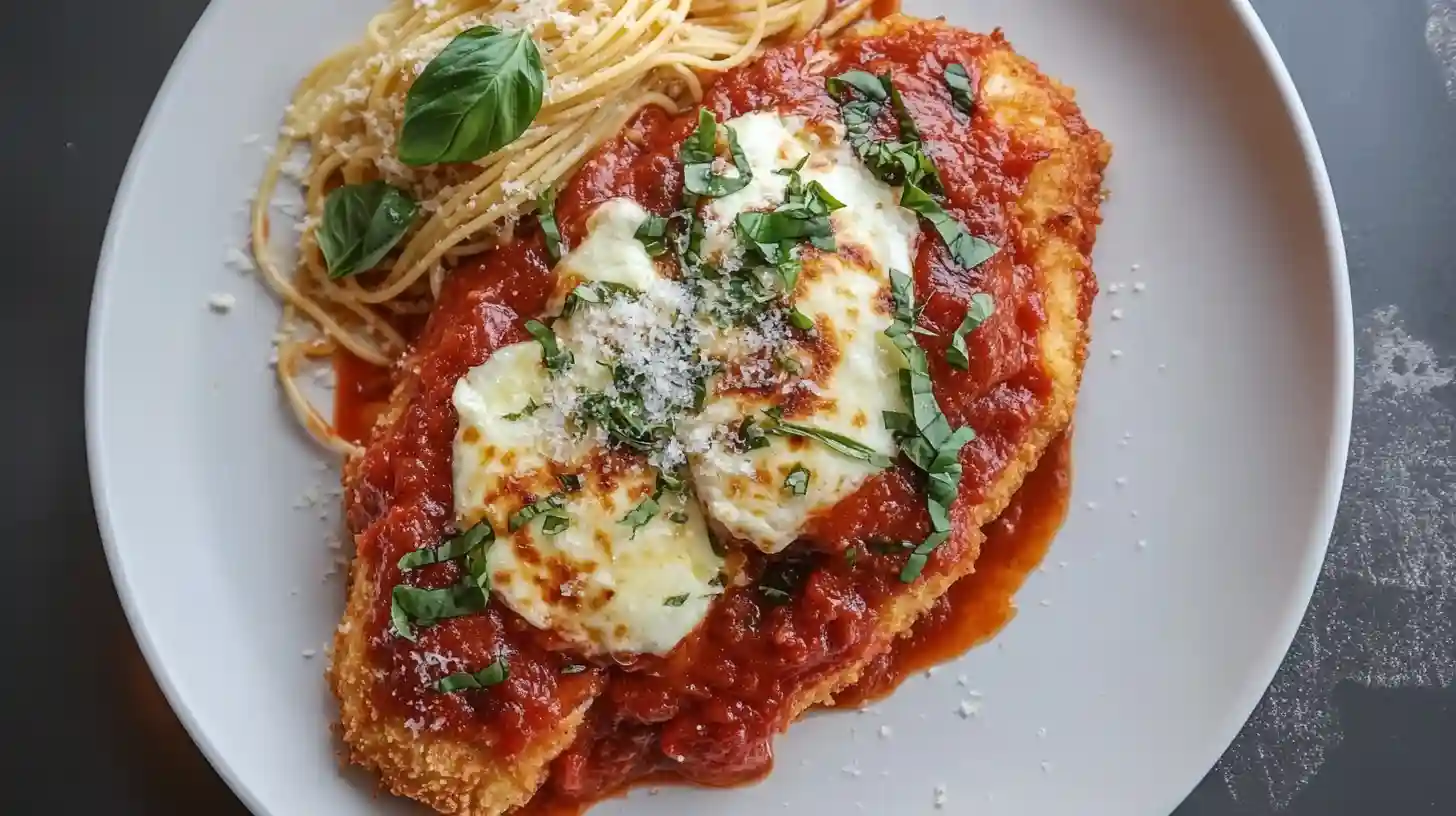 Top-down view of Chicken Parmesan topped with marinara, mozzarella, and fresh basil, served with spaghetti on a white plate.