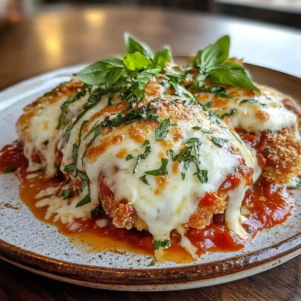 Golden, crispy Chicken Parmesan topped with melted mozzarella, marinara sauce, and fresh basil on a plate.
