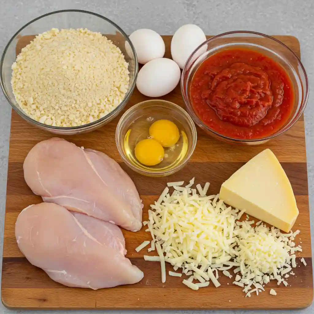 Raw ingredients for Chicken Parmesan, including chicken breasts, eggs, breadcrumbs, marinara sauce, mozzarella, and Parmesan cheese.