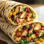 Grilled chicken burrito filled with chipotle ranch sauce, avocado, corn, tomatoes, and peppers, cut in half and stacked on parchment paper.