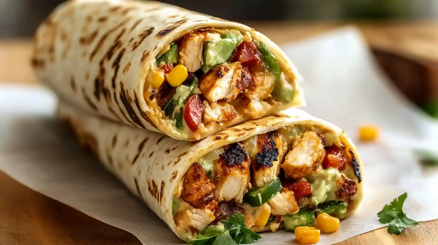 Grilled chicken burrito filled with chipotle ranch sauce, avocado, corn, tomatoes, and peppers, cut in half and stacked on parchment paper.